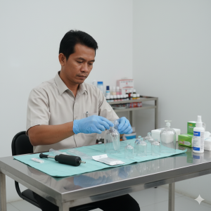 Ali Ashari Terapis Bekam Panggilan di Purwokerto sedang menyiapkan alat steril